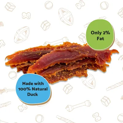 Pet treat made with 100% natural duck and only 2% fat, shown as strips of dried meat.
