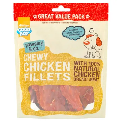 Chewy chicken fillets with 100% natural chicken breast meat, no artificial colours, flavours or preservatives. Great value pack with resealable packaging.
