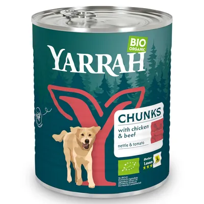 Yarrah Bio Organic Chunks med kyckling och nötkött, nässla och tomat. EU-ekologiskt certifikat NL-BIO-01, Beter Leven 3 stjärnor.