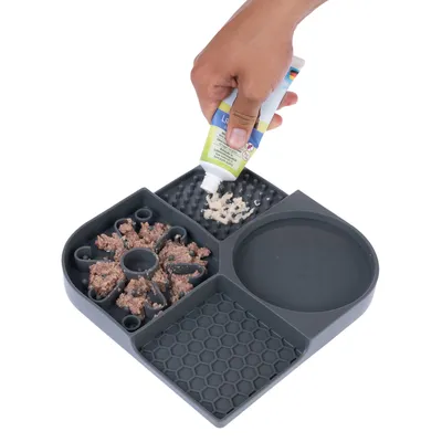 Main versant une pâte depuis un tube sur un plateau d’alimentation en silicone à compartiments texturés, avec pâtée et espace pour l’eau.