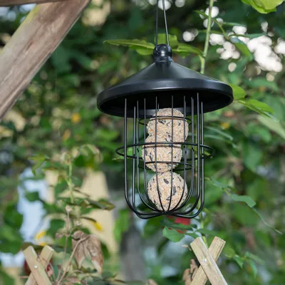 Schwarzer Metall-Futterspender mit drei Meisenknödeln, aufgehängt in einem Garten mit grünen Pflanzen im Hintergrund.