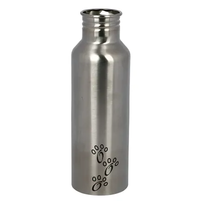 Gourde en métal argenté avec empreintes de pattes noires visibles sur le bas du contenant. Aucun texte ou marque visible.