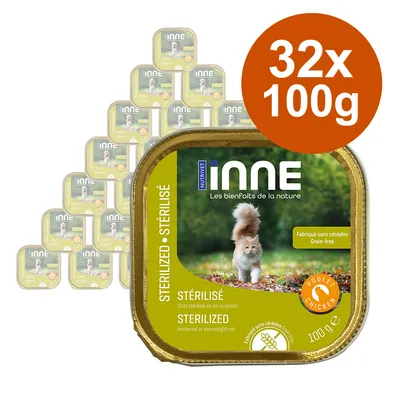 Nutrivet Inne Sterilized alimento para gatos, 32x100g, frango, para gatos esterilizados ou com excesso de peso, sem cereais.