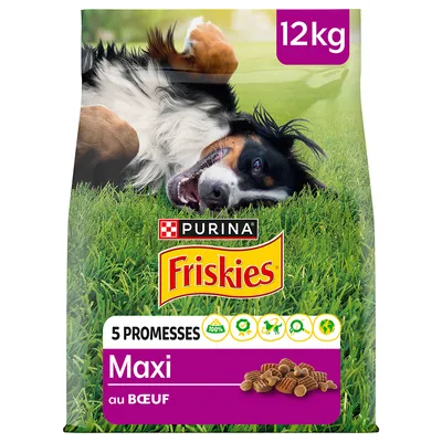 Purina Friskies Maxi au Boeuf, 12kg. Dry food with 5 promises: 100% balanced, healthy nutrition, sustainability. Packaging shows dog on green grass.