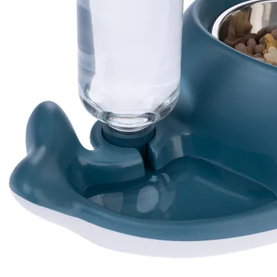 Futterstation mit blauem Napf und integriertem Wasserspender aus Glas, geeignet für Trockenfutter und Wasser.