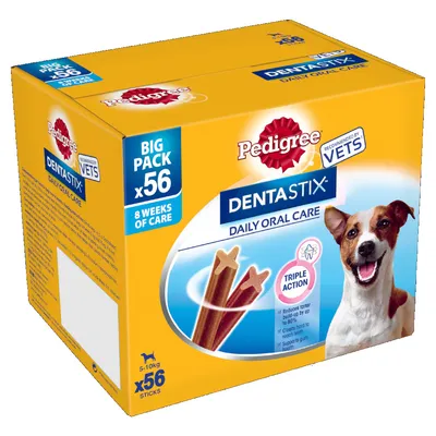 Pedigree Dentastix Daily Oral Care, big pack x56 sticks, 8 weeks of care, recommended by vets, triple action, for dogs 5–10kg. Image shows product box with dog and sticks.