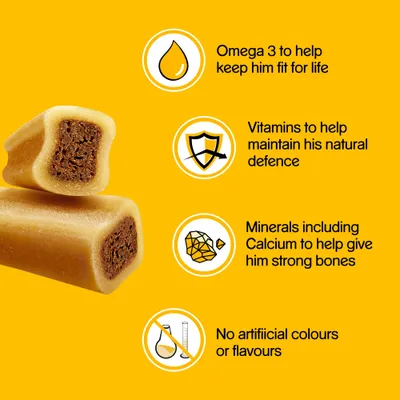 Omega 3 to help keep him fit for life, vitamins to help maintain his natural defence, minerals including calcium to help give him strong bones, no artificial colours or flavours
