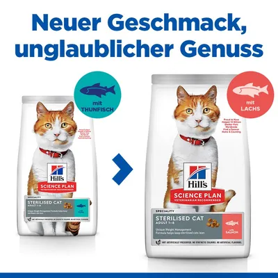 Hill's Science Plan Sterilised Cat Adult 1-6. Neuer Geschmack: mit Thunfisch und mit Lachs. Formel für Gewichtskontrolle, ohne künstliche Farb-, Geschmacks- und Konservierungsstoffe.