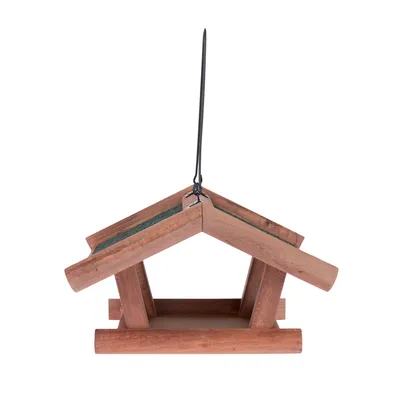 Casita colgante para pájaros de madera con techo verde y colgador negro, apta para comida para pájaros.