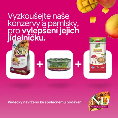 N&D Tropical Selection, N&D Prime Chicken & Pomegranate a N&D Adult Cream. Odporúčané na vylepšenie jedálneho lístka. Vedecky vyvinuté pre spoločné kŕmenie. N&D Tropical Selection, N&D Prime Chicken & Pomegranate a N&D Adult Cream. Odporúčané na vylepšenie jedálneho lístka. Vedecky vyvinuté pre spoločné kŕmenie.