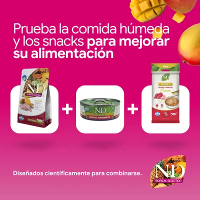 N&D Tropical Selection pienso, N&D Prime Chicken & Pomegranate comida húmeda y N&D Adult Cream Snack. Desarrollado científicamente para combinarse.