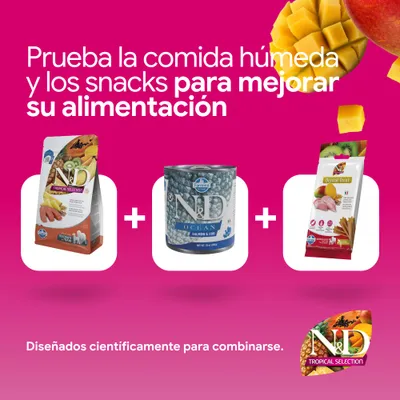 N&D Tropical Selection pienso, N&D Ocean comida húmeda y Dental Treat Snack. Desarrollado científicamente para combinarse. N&D Tropical Selection pienso, N&D Ocean comida húmeda y Dental Treat Snack. Desarrollado científicamente para combinarse.