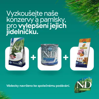 N&D Spirulina granule, N&D Ocean vlhké krmivo a N&D Dental Treats. Vědecky vyvinuto pro společné krmení. N&D Spirulina granule, N&D Ocean vlhké krmivo a N&D Dental Treats. Vědecky vyvinuto pro společné krmení.