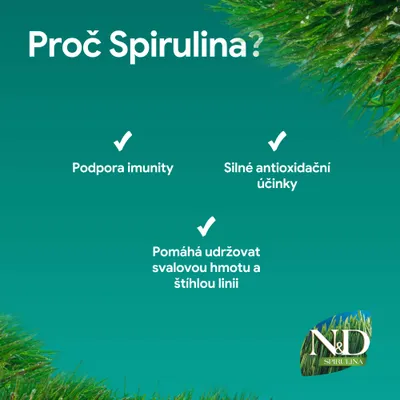 N&D Spirulina: podpora imunitného systému, silný antioxidačný účinok, pomáha udržiavať svalovú hmotu a štíhlu líniu. N&D Spirulina: podpora imunitného systému, silný antioxidačný účinok, pomáha udržiavať svalovú hmotu a štíhlu líniu.