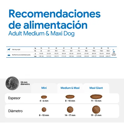 Cantidades recomendadas para Adult Medium & Maxi Dog: tabla con pesos, cantidades en g y tazas. Comparación de tamaños Mini, Medium & Maxi, Maxi Giant con diámetro y grosor en mm. Cantidades recomendadas para Adult Medium & Maxi Dog: tabla con pesos, cantidades en g y tazas. Comparación de tamaños Mini, Medium & Maxi, Maxi Giant con diámetro y grosor en mm.