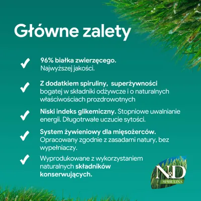 Główne zalety: 96% białka zwierzęcego, z spiruliną, niski indeks glikemiczny, system żywienia dla mięsożerców, wyprodukowane z naturalnymi konserwantami. Główne zalety: 96% białka zwierzęcego, z spiruliną, niski indeks glikemiczny, system żywienia dla mięsożerców, wyprodukowane z naturalnymi konserwantami.