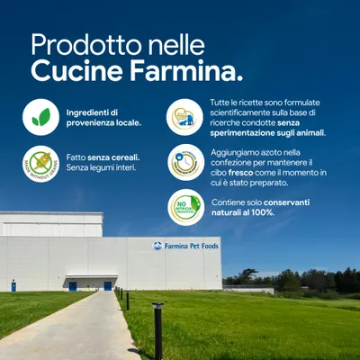 Prodotto nelle cucine Farmina: componenti locali, senza cereali e legumi interi, nessuna sperimentazione animale, confezione fresca con azoto, solo conservanti naturali. Prodotto nelle cucine Farmina: componenti locali, senza cereali e legumi interi, nessuna sperimentazione animale, confezione fresca con azoto, solo conservanti naturali.