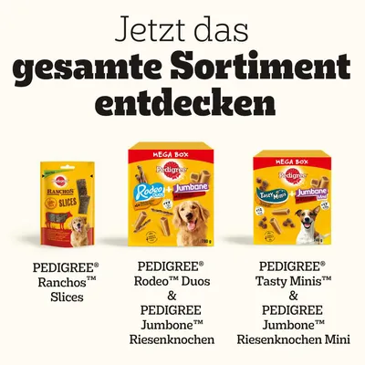 Откройте весь ассортимент: PEDIGREE Ranchos Slices, PEDIGREE Rodeo Duos и Jumbone Riesenknochen, PEDIGREE Tasty Minis и Jumbone Riesenknochen Mini.