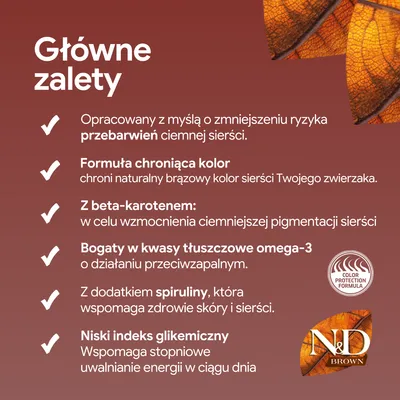 Główne zalety: ochrona przed przebarwieniami ciemnej sierści, formuła chroniąca kolor, beta-karoten dla pigmentacji, kwasy tłuszczowe omega-3, spirulina, niski indeks glikemiczny.