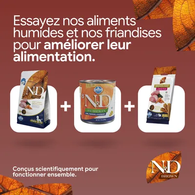 N&D Brown croquettes, N&D Pumpkin nourriture humide et Brown Coat Dental Treats. Développé scientifiquement pour une meilleure alimentation.