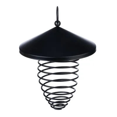 Black metal spiral-shaped feeder with hook and roof.