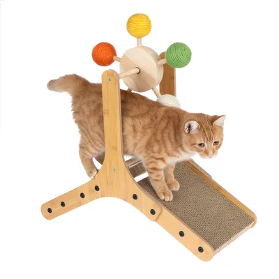 Chat roux sur un arbre à chat en bois avec rampe en carton et quatre boules colorées en corde (jaune, orange, vert, blanc) fixées sur le dessus.