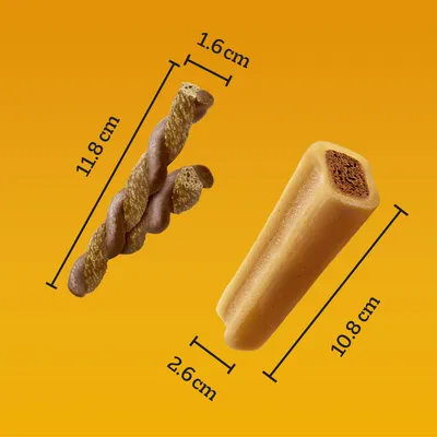 Two chew snacks with measurements: stick 11,8 x 1,6 cm and triangular snack 10,8 x 2,6 cm.