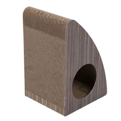Scratching furniture made of cardboard with brown wood look, rectangular shape with rounded top and integrated cave area.