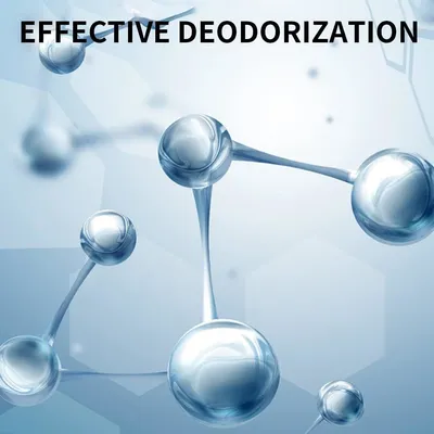 Text image with the inscription 'Effective Deodorization', depiction of molecules illustrating odour-neutralising effect.