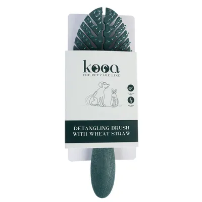 kooa Detangling Brush mit Weizenstroh, geeignet für Fellpflege von Haustieren. Verpackung zeigt Hund und Katze Illustration sowie Hinweise zur sanften Anwendung.
