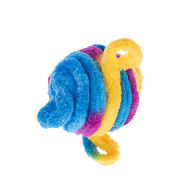 Jucărie colorată din material textil moale, albastru, galben și roz, cu formă spiralată.