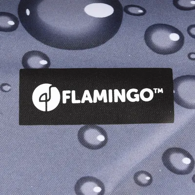 Flamingo. Nombre de la marca sobre fondo gris con patrón de gotas de agua.
