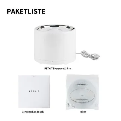 Inhoud pakket: PETKIT Eversweet 3 Pro drinkfontein, gebruikershandleiding met tekst 'PETKIT', filter in verpakking met tekst 'FILTER UNIT+'.