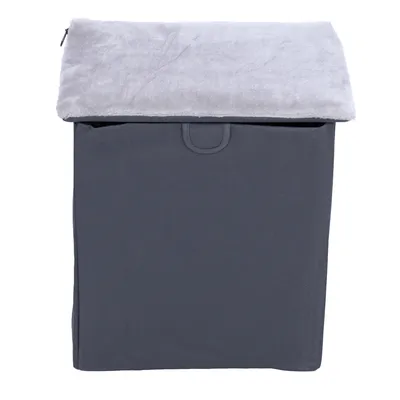 Graue Aufbewahrungsbox mit abnehmbarem, weissem Plüschdeckel.
