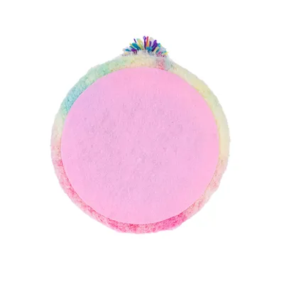 Rundes Spielzeug mit rosa Filzoberfläche und buntem Pompon oben, geeignet für Haustiere.
