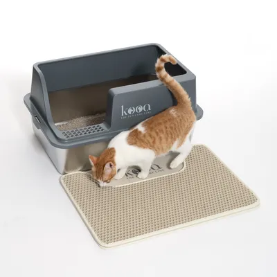 Kooa Katzentoilette mit grauem Deckel und beige Matte. Katze untersucht die Matte. Sichtbar: Kooa The Pet Care Line Logo.