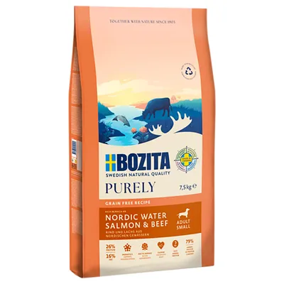 Bozita Purely Grain Free Rezept, Nordic Water Salmon & Beef, Adult Small, 7,5kg. Vită și somon din ape nordice. Proteină 26%, grăsime 16%, 79% ingrediente de origine animală.