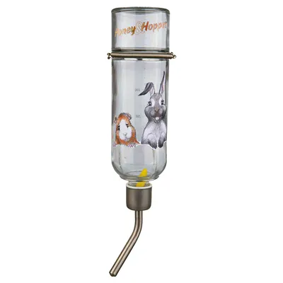 Honey & Hopper glass drinking bottle with metal holder, scale, and animal illustrations of rabbits and guinea pigs.