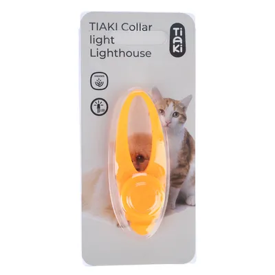 TIaKI Collar Light Lighthouse, orange, med 3 lägen och LED. Förpackningen visar hund och katt.