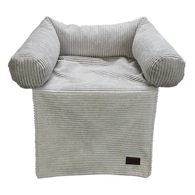 Grey, ribbed pet bed with raised sides and a blanket. Rectangular design made of soft fabric.
