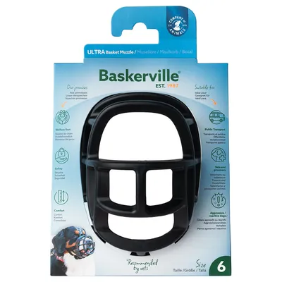 Baskerville Ultra botniță, mărimea 6. Recomandată de medicii veterinari. Potrivită pentru transport public, veterinari și câini agresivi. Promisiune: bunăstare, siguranță, confort.