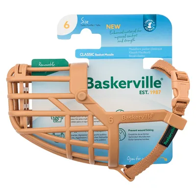 Baskerville Classic botniță mărimea 6, detașabilă, previne linsul rănilor, material îmbunătățit pentru confort și rezistență. EST. 1987.