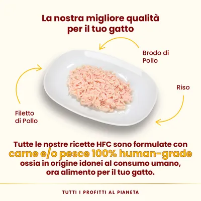 Filetto di Pollo, Brodo di Pollo e Riso su piatto. Testo: Tutte le nostre ricette HFC sono formulate con carne e/o pesce 100% human-grade, idonei al consumo umano, ora alimento per il tuo gatto.