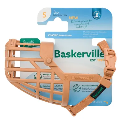 Baskerville Classic botniță mărimea 5, material nou îmbunătățit pentru confort și rezistență, curea reglabilă, previne linsul rănilor. Potrivită pentru transport public.