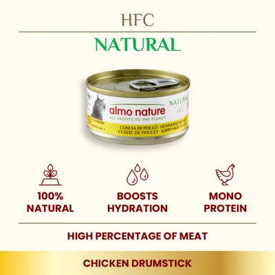 almo nature HFC Natural chicken drumstick tin. Text: 100% natural, boosts hydration, mono protein, high percentage of meat, chicken drumstick. All profits to the planet.
