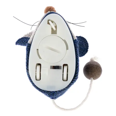 Toy mouse with plastic base, battery compartment and wooden bead on tail. Visible switches for activation.