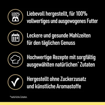 Ljubazno proizvedena, za 100% cjelovitu i uravnoteženu hranu. Ukusni obroci za svakodnevno uživanje. Kvalitetni recepti s prirodnim sastojcima. Bez dodanog šećera ili umjetnih aroma.