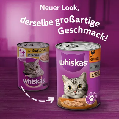 Whiskas med fjerkræ i terrine, nyt udseende, samme gode smag. Til katte fra 1 år, 100% genanvendelig emballage, 400g dåse.