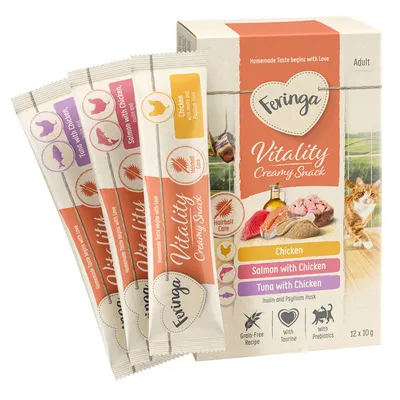 Feringa Vitality Creamy Snack, Sorten: Chicken, Salmon with Chicken, Tuna with Chicken. Getreidefrei, mit Taurin und Präbiotika. Packung enthält 12 x 10g.