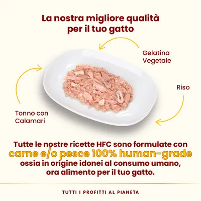 La nostra migliore qualità per il tuo gatto. Tonno con calamari, gelatina vegetale, riso. Tutte le nostre ricette HFC sono formulate con carne e/o pesce 100% human-grade.